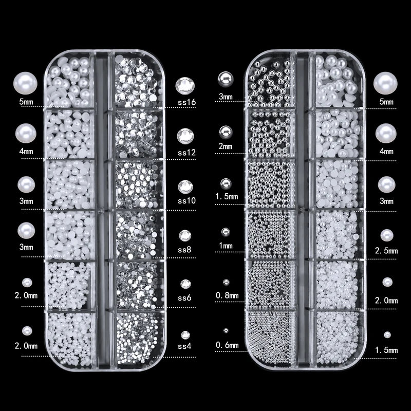 12-Grid Round Pearl White Nail Rhinestones and Caviar Beads for Nail Art