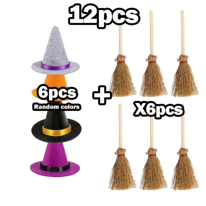 12pcs Mini Witch Hat and Broom Set Halloween DIY Decorations Party Accessories