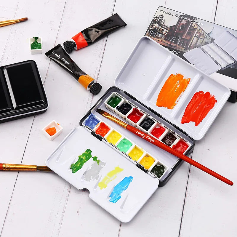 Empty Watercolor Palette with 14 Half Pans Metal Paint Case for DIY Travel Art
