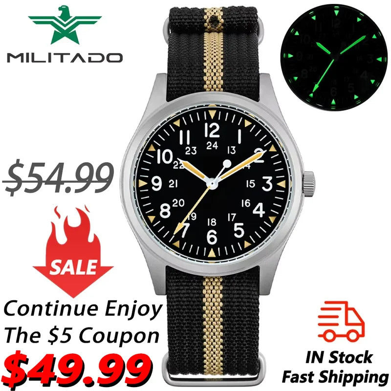 Vintage Military Watch 36mm Waterproof Sapphire Crystal Luminous Dial