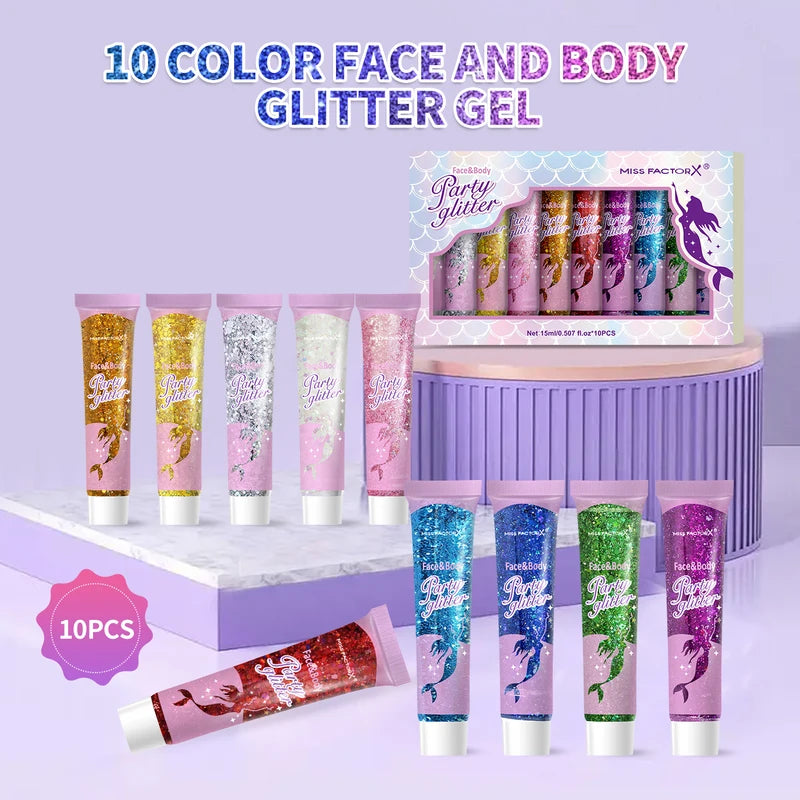10 Color Face and Body Glitter Gel - Holographic Cosmetic Glitter for Makeup & Holiday