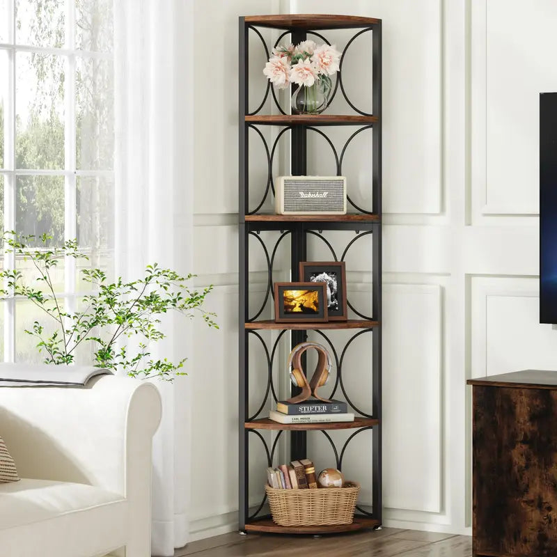 67 Inch Corner Shelf Unit with 6 Shelves - Rustic Standing Bookcase Storage Rack