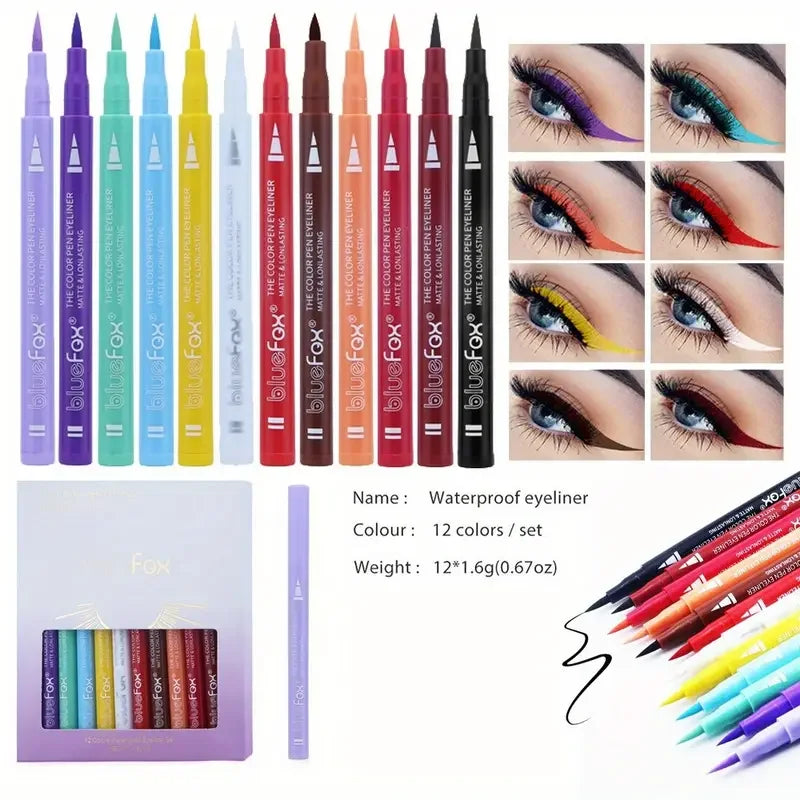 12 Color Waterproof Liquid Eyeliner Set - Multi-Purpose & Long-Lasting