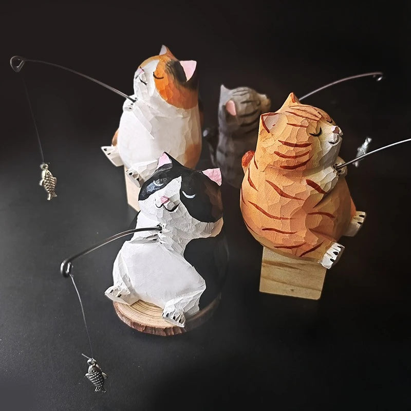 Handmade Wooden Cat Figurine - Cute Desk Decor, Animal Sculpture Gift