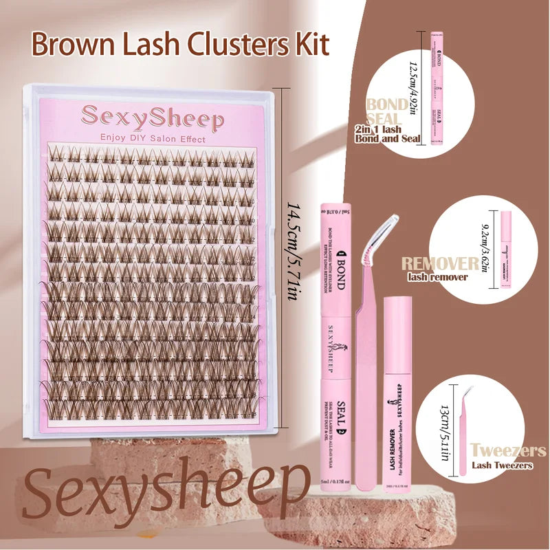 Eyelash Extension Kit DIY Brown Lash Clusters Natural & Strong Hold with Adhesive & Tweezers