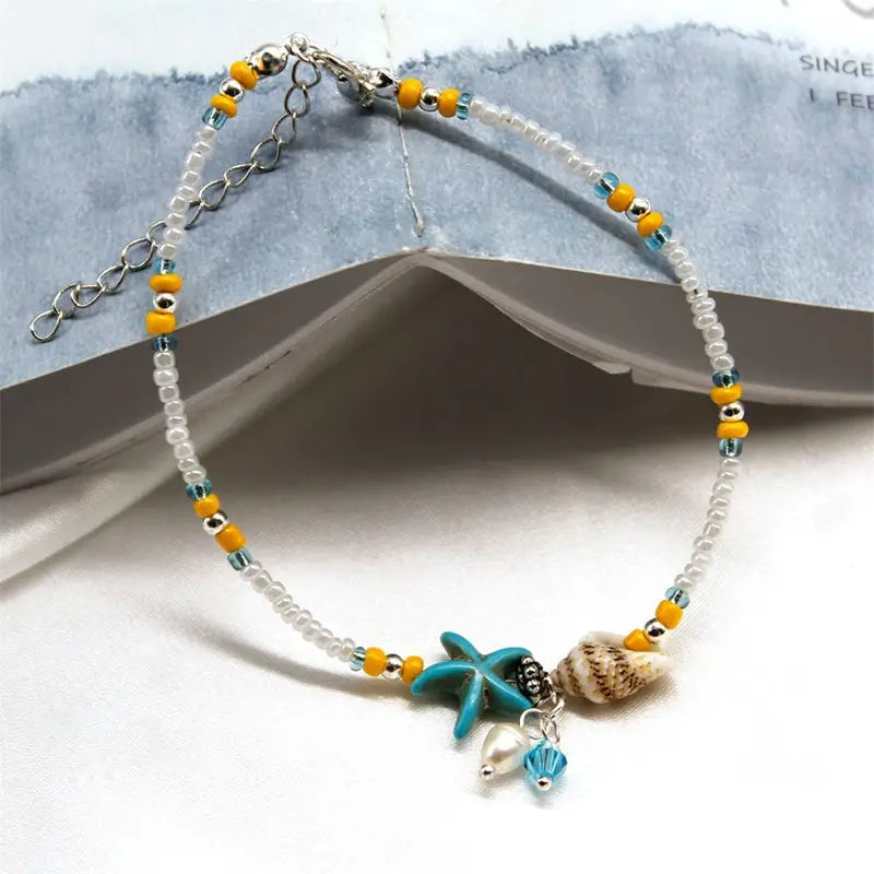 Boho Turquoise Starfish Anklet with Adjustable Chain Summer Foot Jewelry for Women & Girls