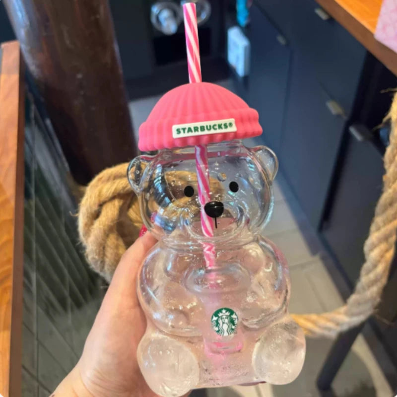 Clear Bear-Shaped Tumbler with Pink Beanie Lid & Striped Straw – 591ml Drinkware