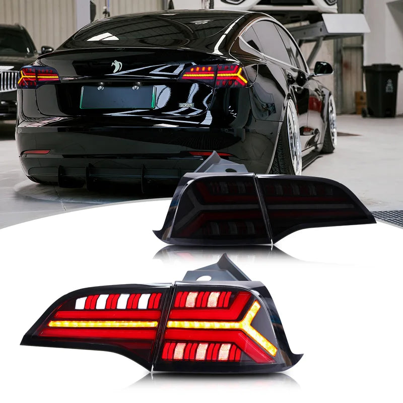 Tesla Model 3 Model Y LED Tail Lights Sequential Turn Signal Black Rear Lamps