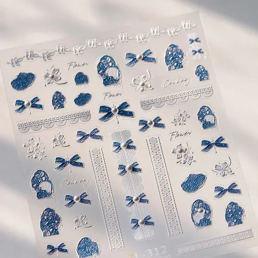 Self-Adhesive 5D Nail Art Stickers with Lace Bowknot Flowers and Pearls