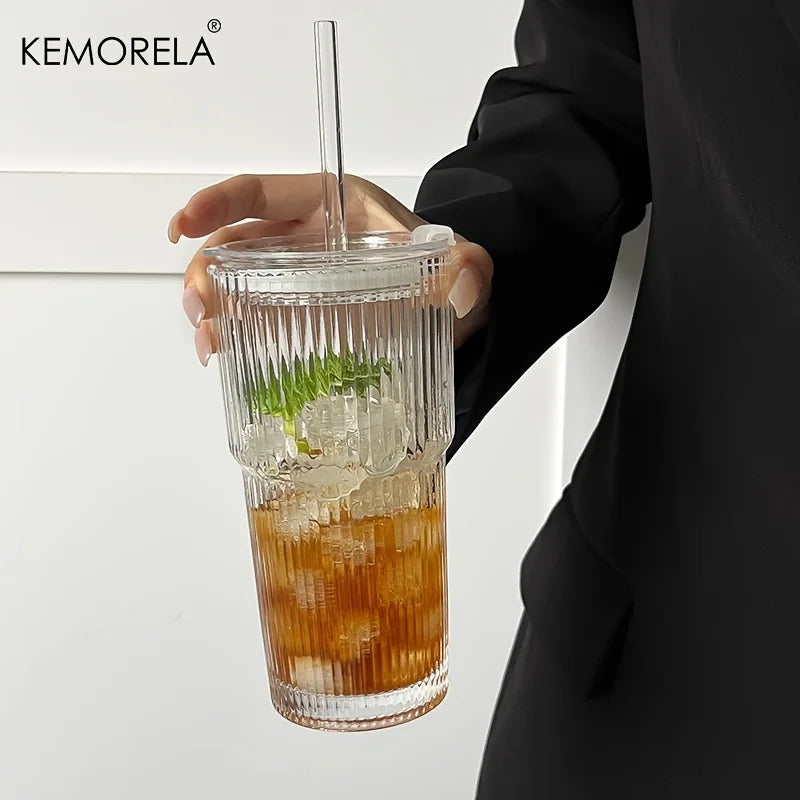 600ML Stripe Glass Coffee Cup with Lid and Straw - Transparent Drinkware for Cold Beverages