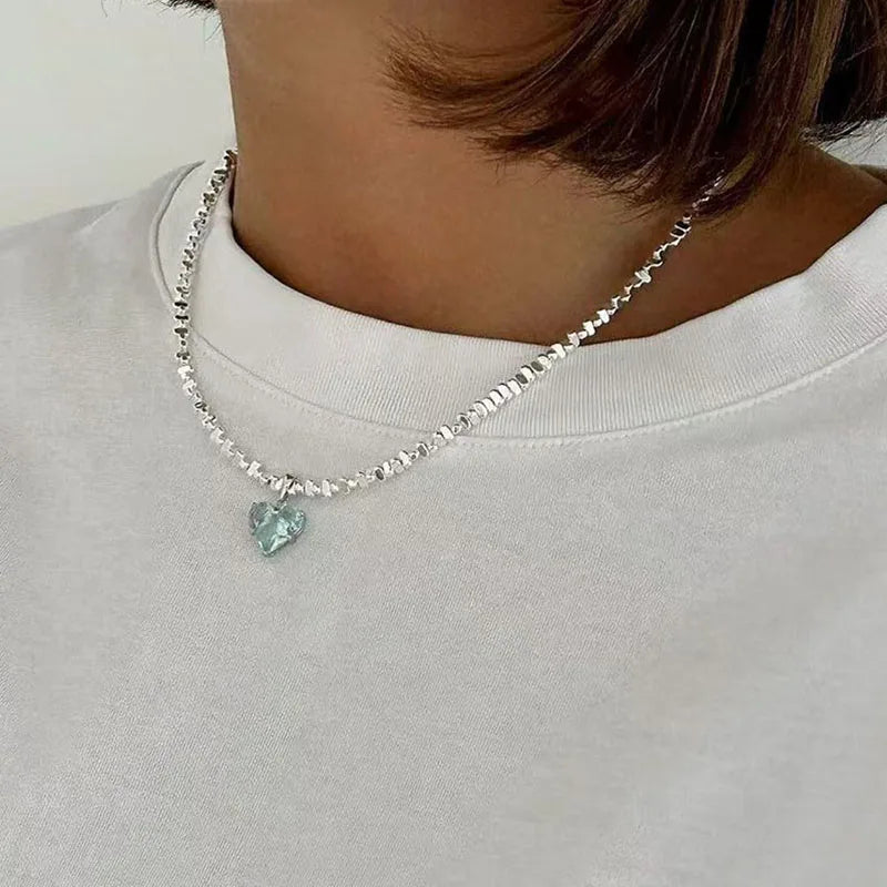 Exaggerated Irregular Beads Chain with Crystal Heart Pendant Necklace for Women Valentine's Gift