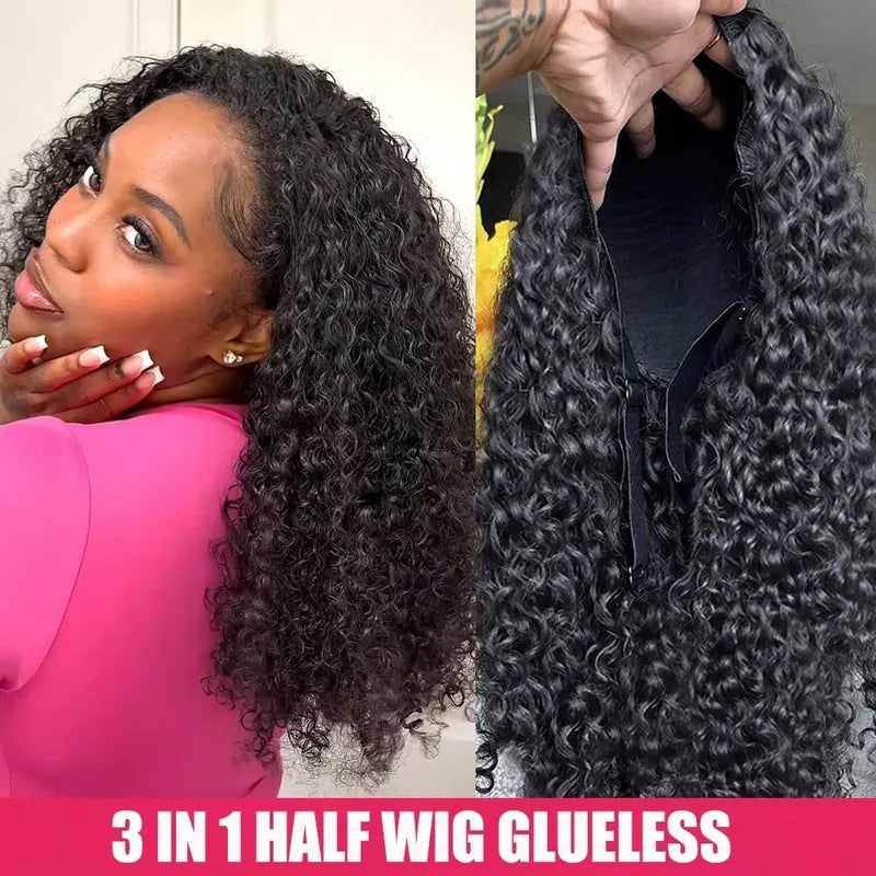 Half Wig Human Hair Kinky Curly Seamless 3-in-1 Clip-In & No Sew Half Wig