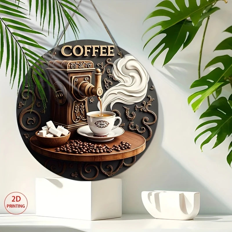 Wooden Hanging Sign - Coffee Maker Theme Wall Decor 8 Inch Round Sign