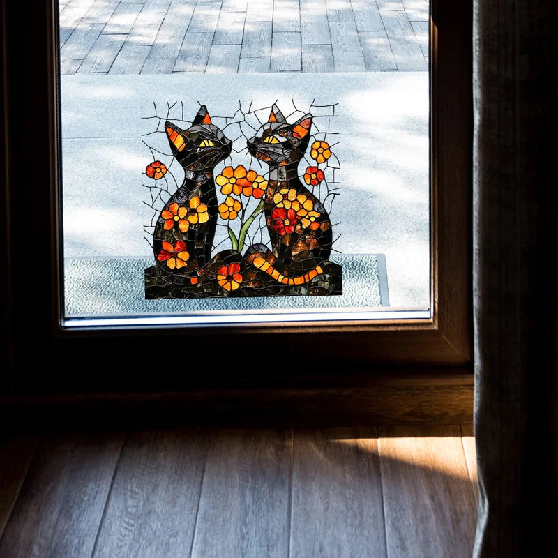 Cartoon Kitten Flower Glass Stickers for Wall Decoration - 1 Piece