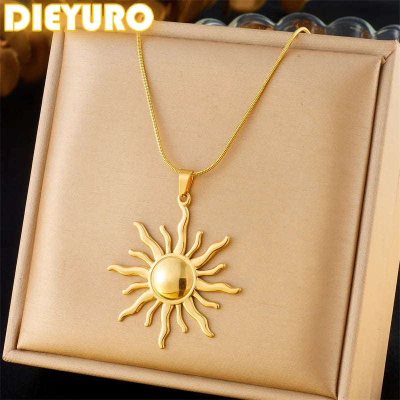 Sun Pendant Necklace for Women Girls 316L Stainless Steel Gold Solar Jewelry Gift