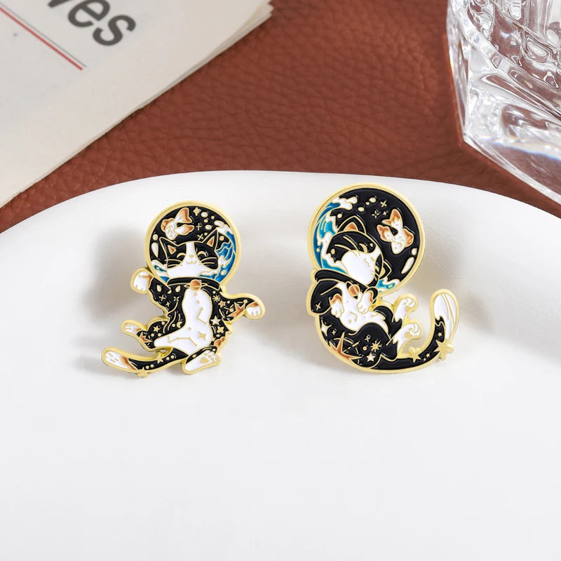 Cute Space Astronaut Cat Collection Enamel Pins - Constellation & Fish Tank Brooches