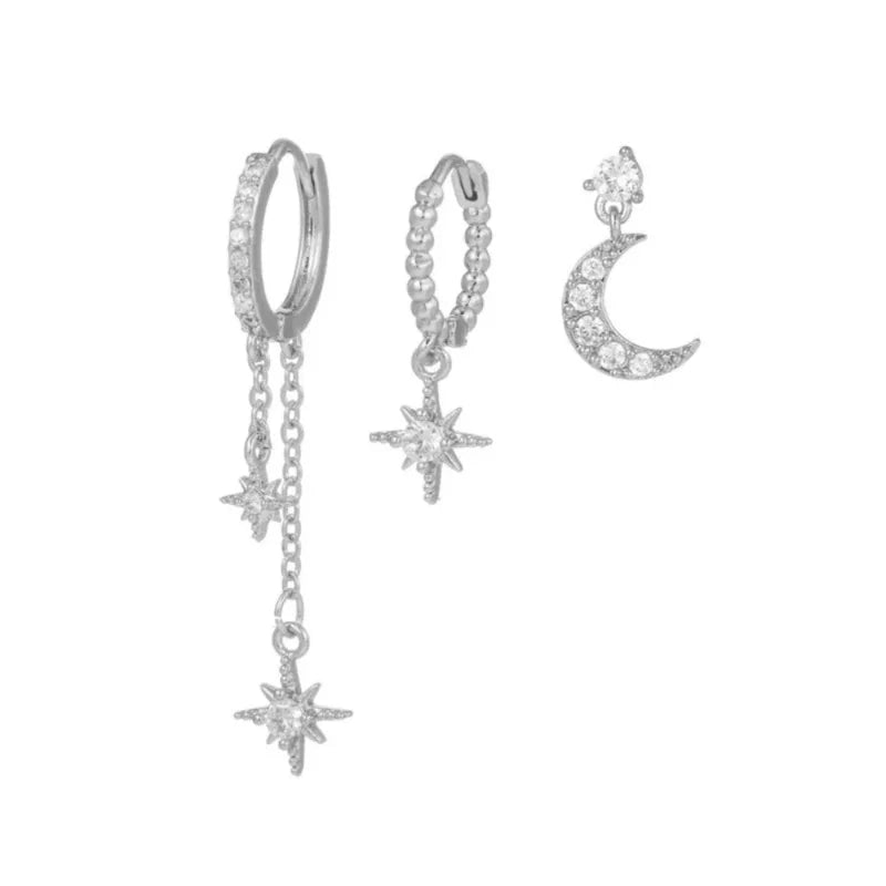 3-Pack Gold Color Stainless Steel Moon Star Zircon Stud Earrings for Women Jewelry Set
