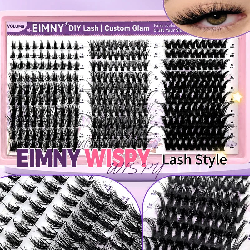 300Pcs Lash Clusters Kit with 3 Styles, Wispy Fairy Lashes, C Curl, 10-18mm, Bond & Seal - Black & Sky Blue