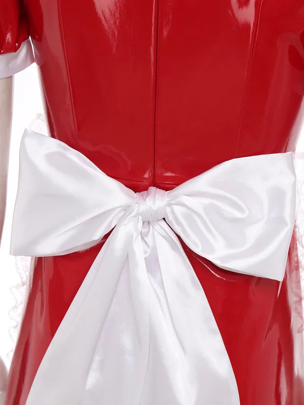 Women's Latex French Maid Cosplay Costume Dress with Apron for Halloween & Parties