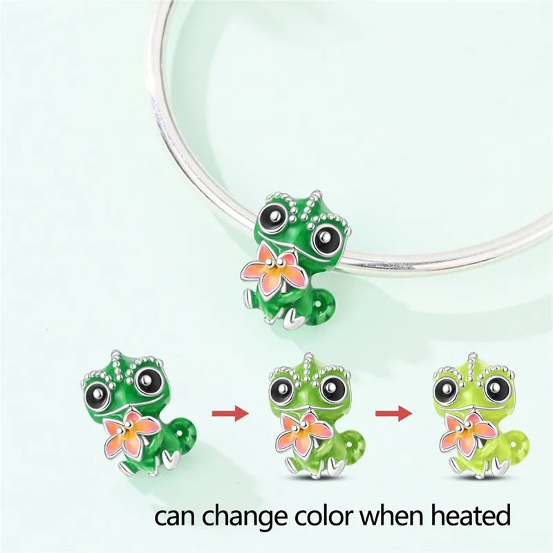 925 Sterling Silver Chameleon Flower Charms Beads Dangle for DIY Bracelets Women Jewelry Gift