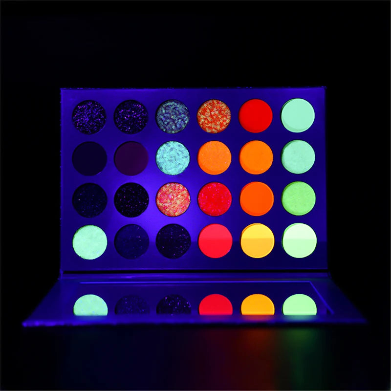 24-Color Neon Rainbow Eyeshadow Palette UV Fluorescent Matte Glitter Waterproof