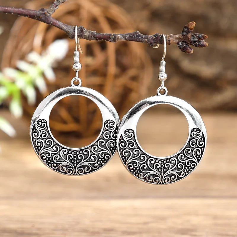 Vintage Ethnic Silver Dangle Earrings for Women - Bohemia Drop Jewelry