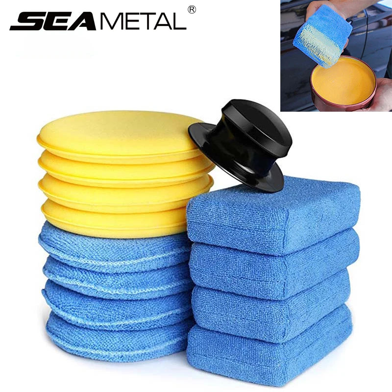 Car Foam Sponge Wax Applicator Set - Microfiber & PU Handle for Polishing & Detailing