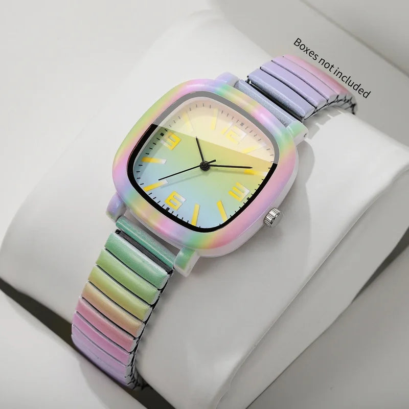 Rainbow Gradient Women Quartz Watch with Colorful Elastic Strap - Ladies Wristwatch