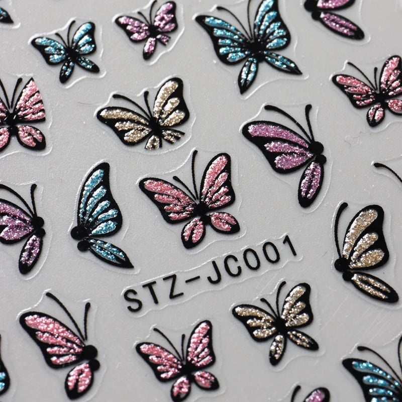 Glitter Butterfly Nail Stickers Decals - Self-Adhesive Floral & Gothic Designs
