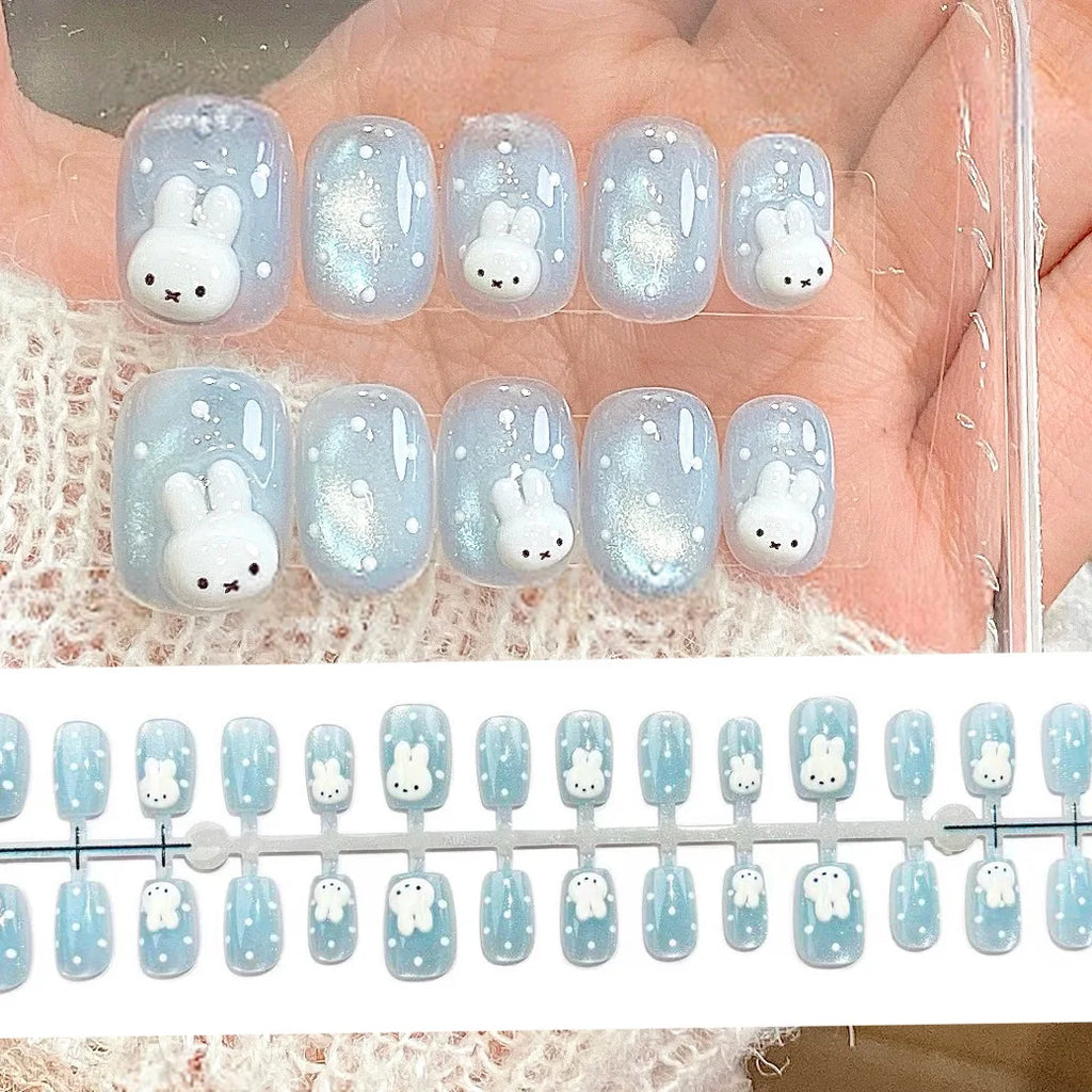 30Pcs Short Square False Nails with Light Blue Cat Eye and Glitter Decor - Wearable Nail Tips for Women