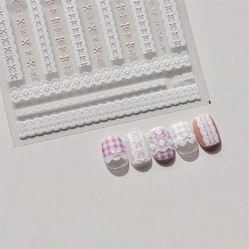 Self-Adhesive Nail Stickers with Pearl Lace Bow & Heart Designs for Manicure