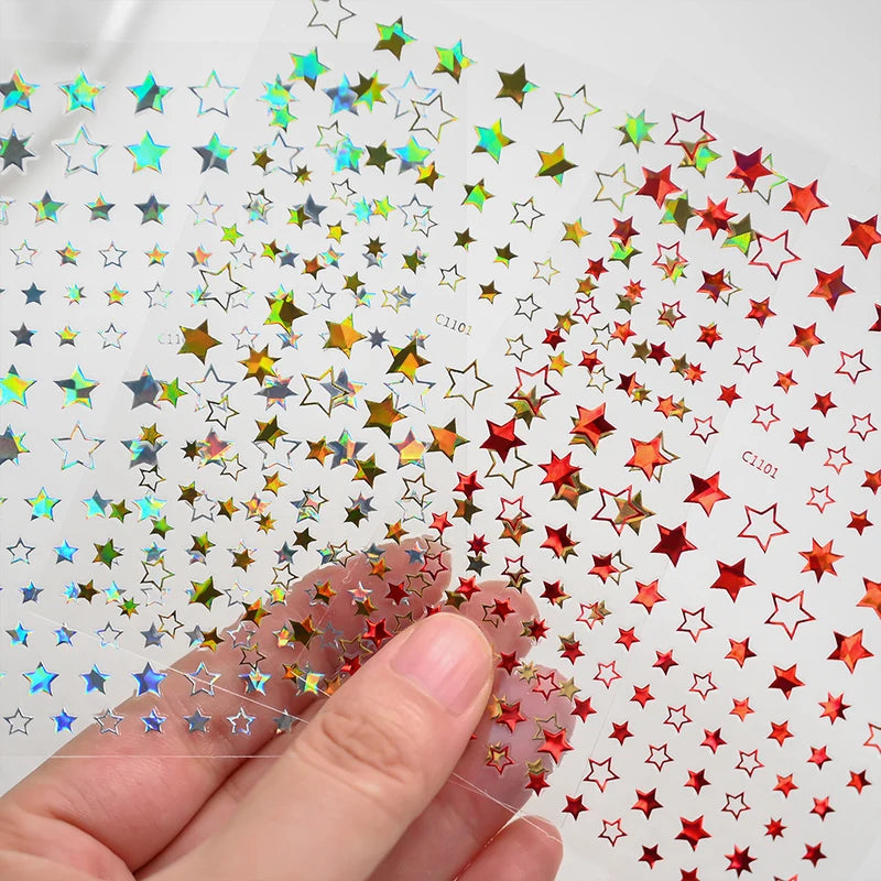 3D Nail Art Sticker Set - Silver Red Star Pentagram Decals for Manicure