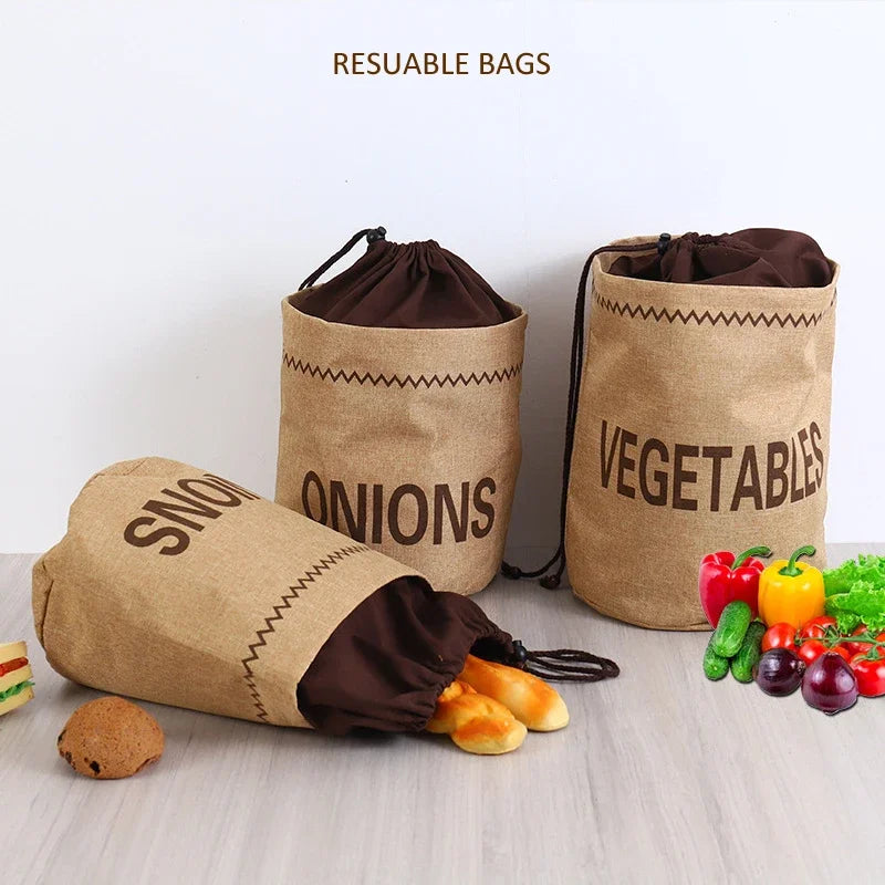 Kitchen Storage Bag Set for Garlic, Onions, Potatoes, Vegetables & Bread - Reusable Burlap Drawstring Sack