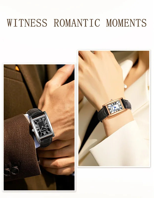 Luxury Couple Sports Watches with Waterproof Leather Straps - Quartz, Square Dial