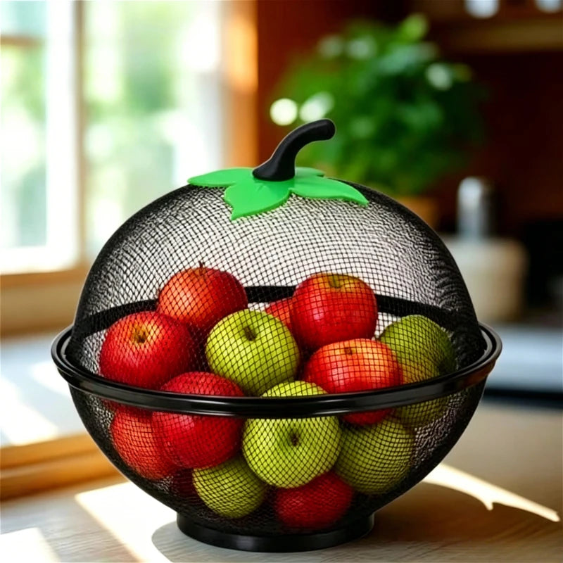 Metal Fruit Basket with Mesh Cover - Kitchen Storage Rack, Moisture Resistant