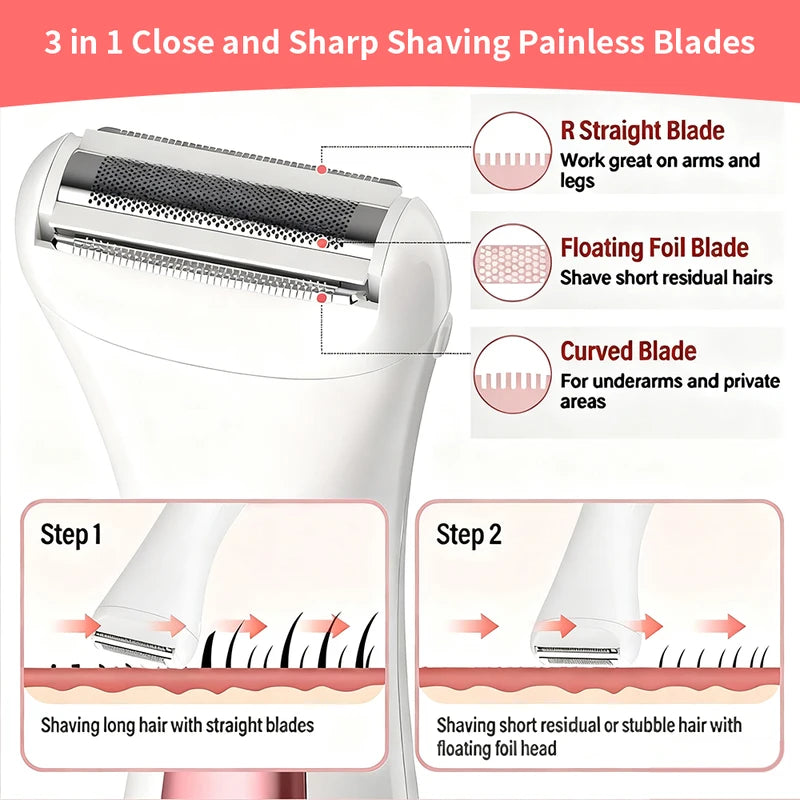 Women's Waterproof Electric Shaver Wet & Dry Portable Razor for Full-Body Hair Removal