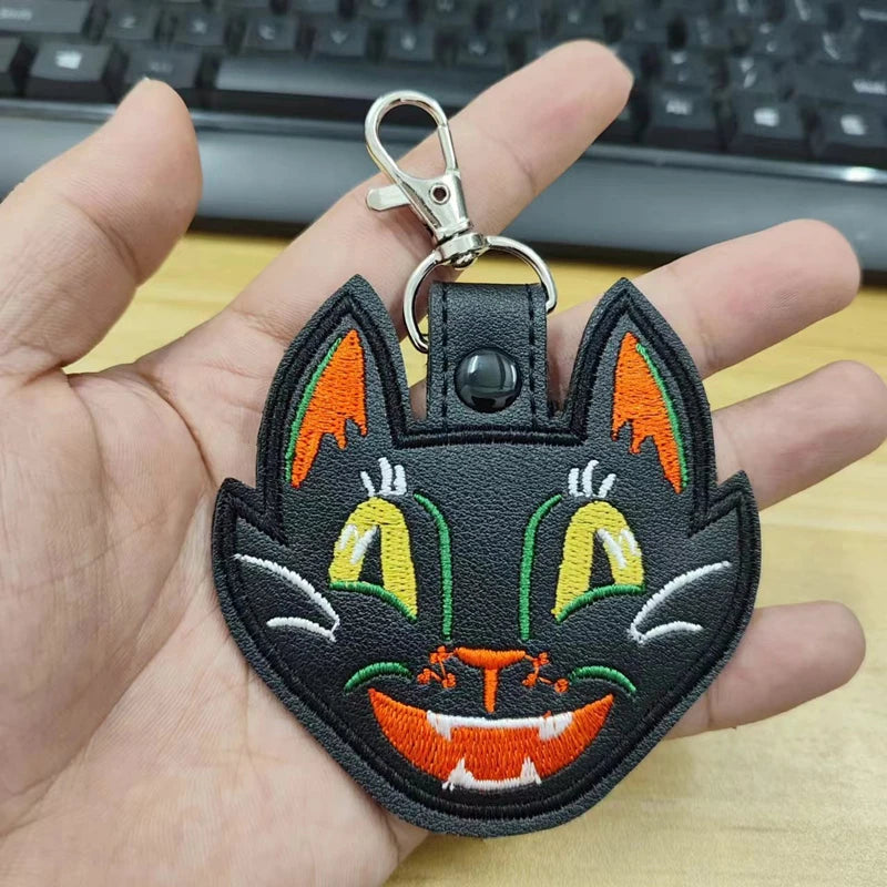 Vintage Halloween Black Cat Keychain with Embroidered Vinyl Design