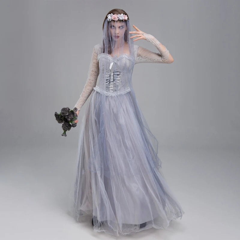 Women Halloween Dead Bride Costume Corset Dress & Veil Set for Cosplay