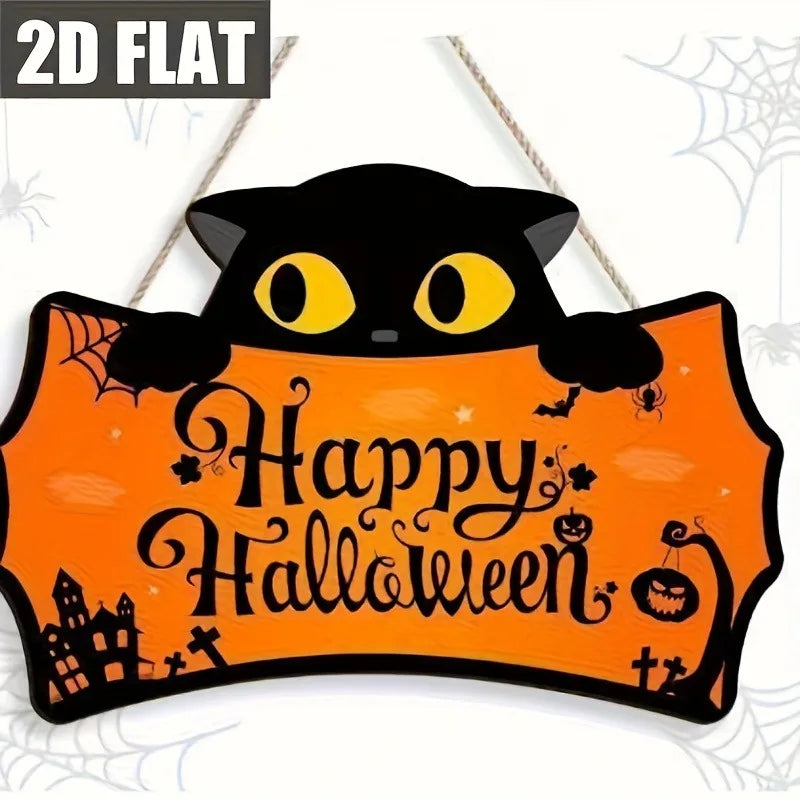 Halloween Wooden Hanging Sign Black Cat Pumpkin Bat Spider Door Decor for Porch