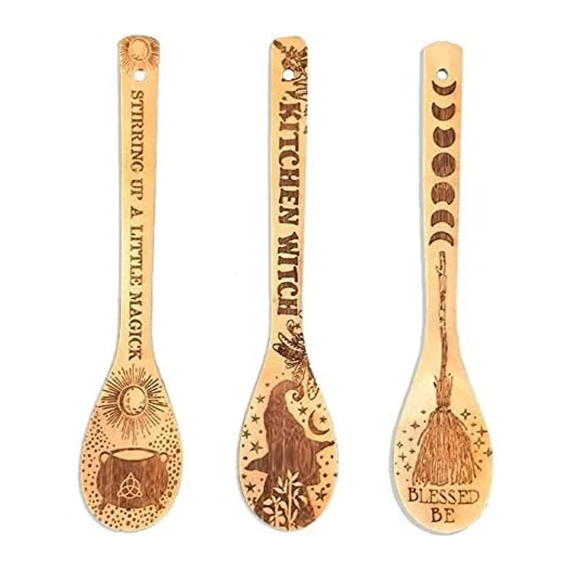Halloween Witchy Bamboo Wooden Spoon Set - Eco-Friendly Kitchen Utensils - 3 Pieces with Mystical Engraved Designs