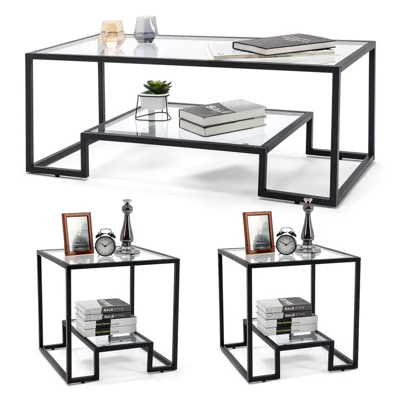Glass 3-Piece Coffee Table Set with Tempered Top & Black Metal Frame, Storage Shelf, Modern Living Room Furniture