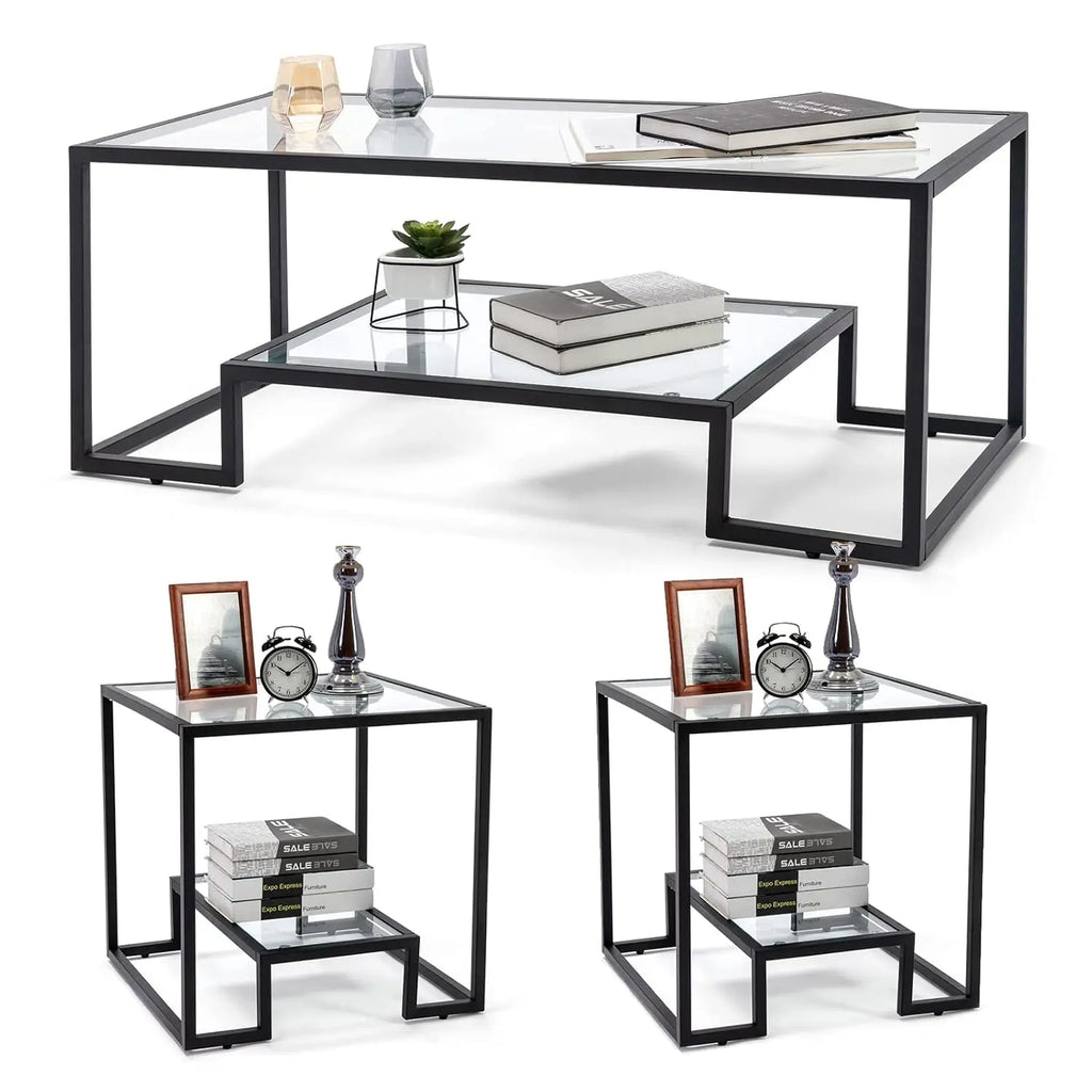 Glass 3-Piece Coffee Table Set with Tempered Top & Black Metal Frame, Storage Shelf, Modern Living Room Furniture