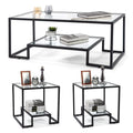 Glass 3-Piece Coffee Table Set with Tempered Top & Black Metal Frame, Storage Shelf, Modern Living Room Furniture