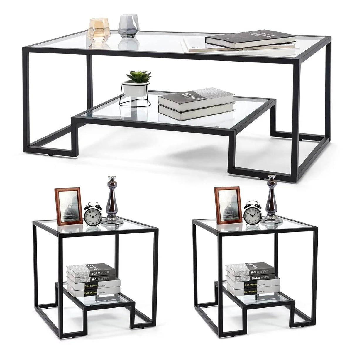 Glass 3-Piece Coffee Table Set with Tempered Top & Black Metal Frame, Storage Shelf, Modern Living Room Furniture
