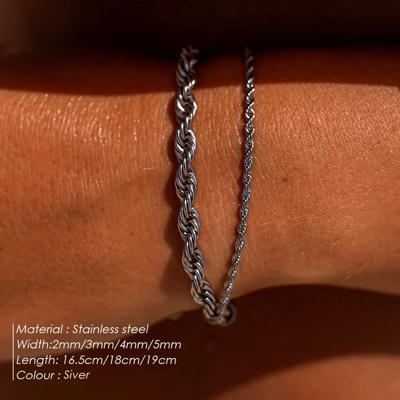 Twisted Rope Chain Bracelet for Men & Women Silver Color Stainless Steel Jewelry