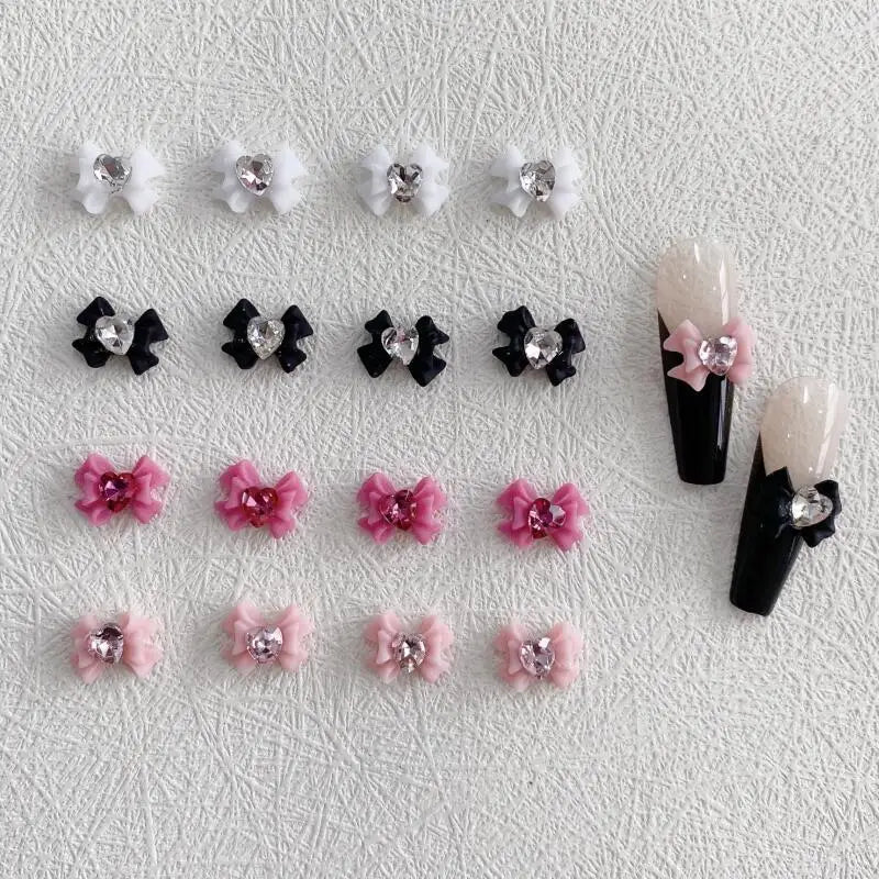 10pcs Resin Bow Nail Art Decorations with Heart Crystal Rhinestones & Pearls