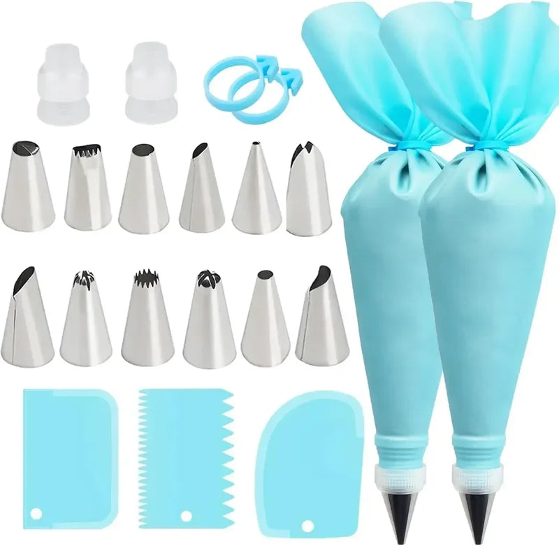 Reusable Cake Decorating Piping Set with Stainless Steel Tips & Silicone Pastry Bags