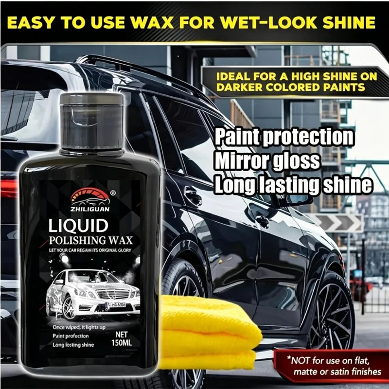 150ml Car Liquid Polishing Wax with Microfiber Towel - Long Lasting Paint Shine