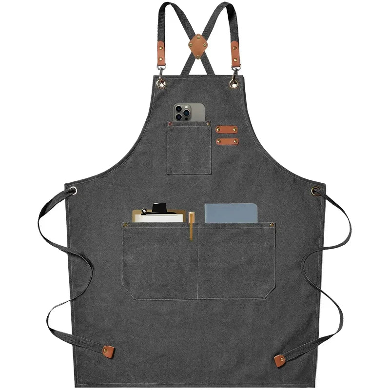 Professional Canvas Kitchen Apron with Adjustable Cross-Back & Large Pockets - Durable Food Service Uniform
