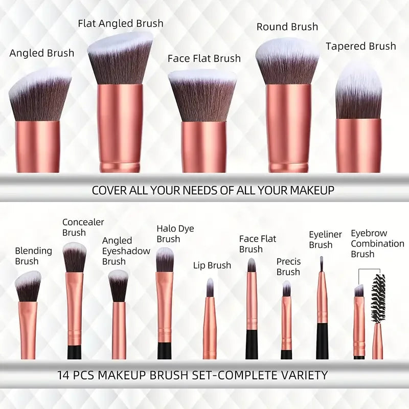 14-Piece Makeup Brush Set with Hypoallergenic Nylon Bristles & Colorful Handles